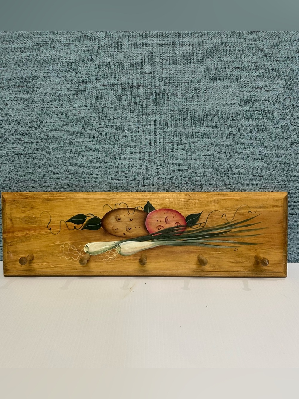 Vintage Hand Painted Wooden Wall Plaque with Pegs | Rustic Kitchen